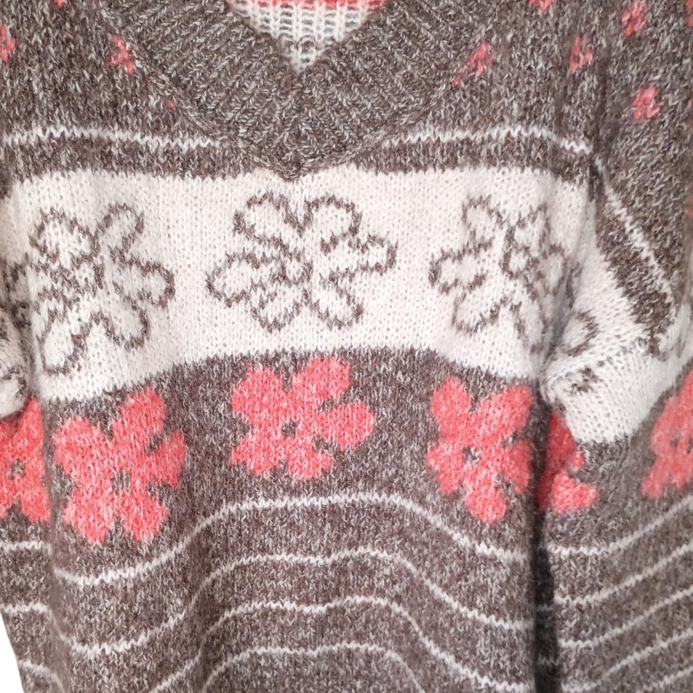 SO Goods For Life Womens Brown Pink Floral Marl Knit V-Neck Sweater Large - Picture 3 of 9